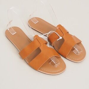 J.Crew‎ Women's Size 7 Tan Brown Leather Slide Sandals Flat Slip On "H" Shape